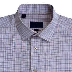 David Donahue trim fit dress shirt blue/Orange Plaid Dress Shirt mens 17.5 34/35